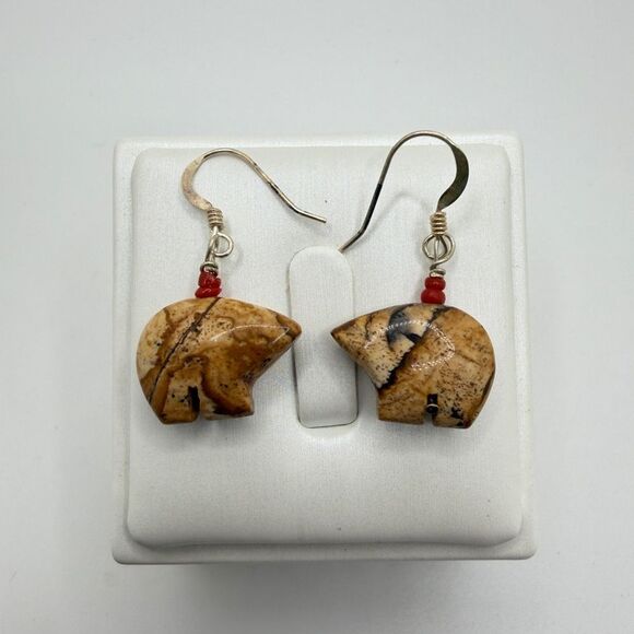Unique Picture Jasper carved "bear" dangle earrings with sterling silver hooks! - Picture 12 of 15